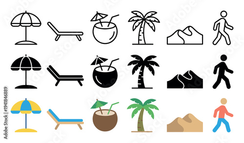 Set of summer vacation and travel icons featuring a parasol, sunbed, palm tree, desert dunes, and a walking person pictogram in line, solid, and flat color variations