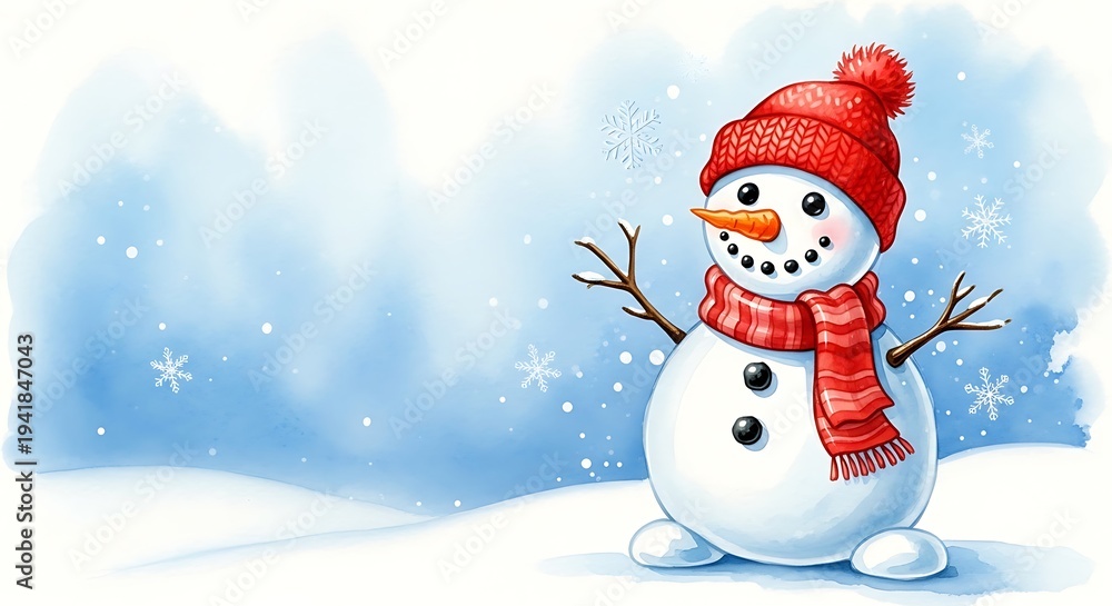 Fototapeta premium Whimsical snowman with red hat and scarf in a wintery scene with falling snowflakes