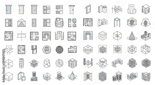 Collection of Architectural Line Drawings Various Building Designs.