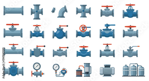 Industrial plumbing and pipeline equipment icon set with blue pipes valves gauges and tanks.