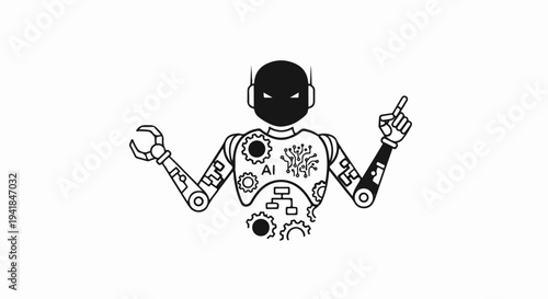 Stylized robot with gears and circuit board on chest, one clawed hand