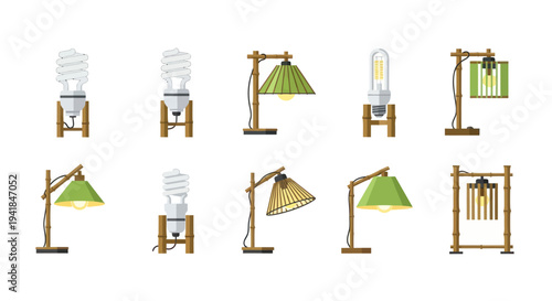 Collection of stylized lamps and water coolers with wooden frames and various light bulb types.