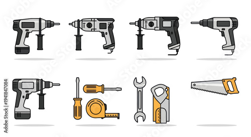 Illustrated set of various power drills and essential hand tools for construction and DIY.