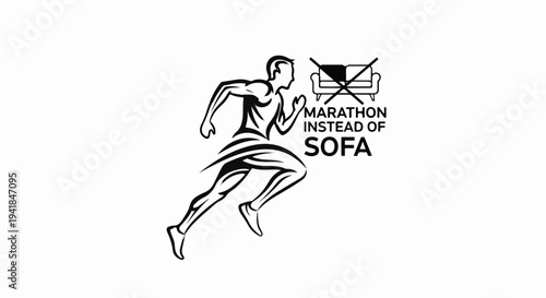Stylized runner in motion with text and crossed-out sofa symbol