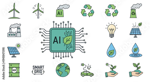 AI chip powering green energy and sustainability icons.