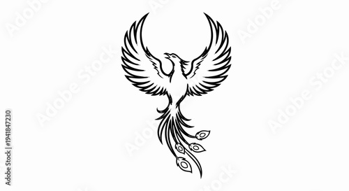 Stylized black phoenix with outstretched wings and flowing tail