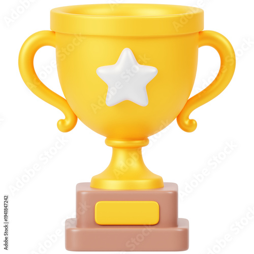 gold trophy cup 3d render icon in cartoon plastic style minimal isolated on transparent white background
