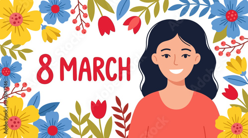 International Women's Day Greeting Card with Happy Smiling Woman and Vibrant Floral Frame on White Background