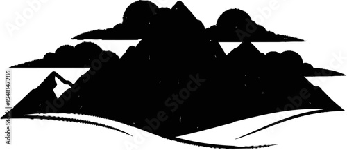 Stylized silhouette of cloudy mountain peaks and rolling hills