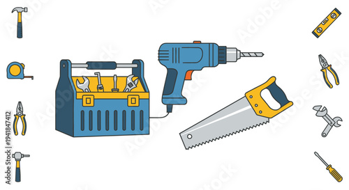 Cartoon Toolbox with Various Tools and Electric Drill.
