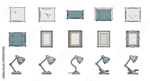 Collection of hand-drawn icons: pillows picture frames and adjustable desk lamps in a doodle style.