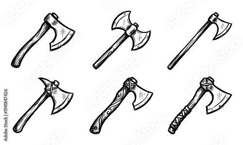 Collection of six hand-drawn medieval axes in a rough sketch style, featuring various designs from simple battle axes to an ornate double-bladed fantasy weapon