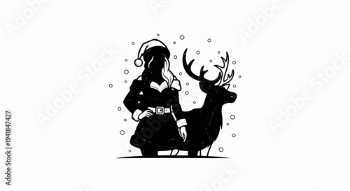 Stylized black silhouette of a woman in a Santa hat and outfit next to a deer