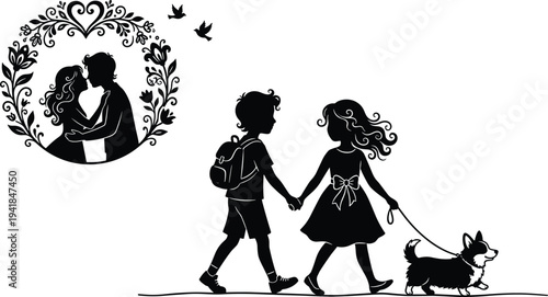 Romantic Silhouette of Children Holding Hands Walking a Corgi Dog with A Kissing Couple Inside Floral Heart Frame Illustration
