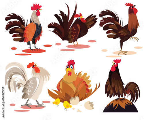 PrintCartoon rooster and chicken farm birds vector illustration set isolated on background