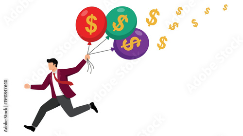 Businessman Running with Money Balloons Illustration, Financial Success and Wealth Growth Concept Vector on White Background