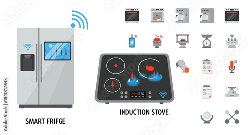 Smart Fridge and Induction Stove: Modern Kitchen Appliances with Smart Technology.