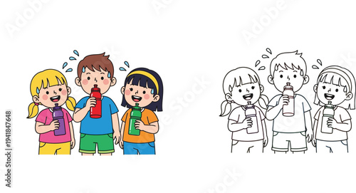 Thirsty Kids Hydrating: Group of Children Drinking Water After Activity