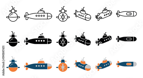 Collection of submarine and torpedo icons presented in three different styles: line art, solid glyph, and flat color, showcasing various perspectives and designs for graphic use