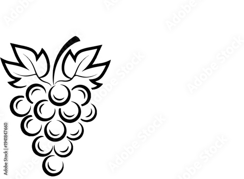 Stylized bunch of grapes with two leaves on a stem, black on white