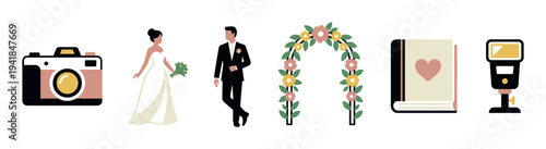 Collection of flat wedding photography icons featuring a camera, bride and groom, floral arch, photo album, and flash unit, representing ceremony and event elements