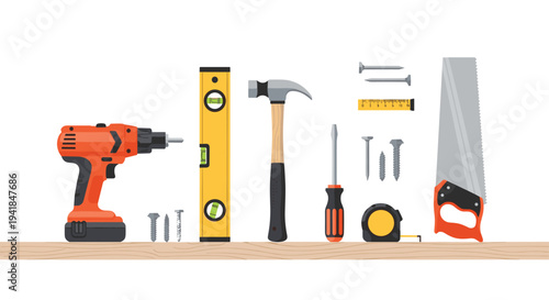 A diverse assortment of essential hand tools and power tools, featuring a drill, level, hammer, and saw, is meticulously arranged on a light wooden surface against a clean white backdrop.