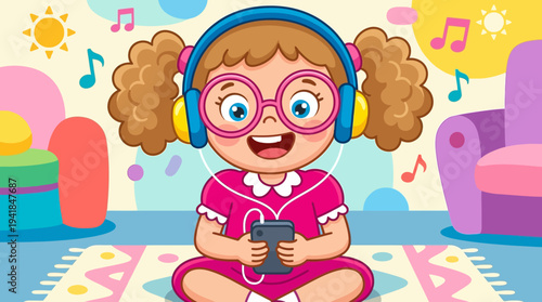 Happy Cartoon Little Girl with Glasses and Headphones Listening to Music or Playing on Smartphone in Colorful Playroom Illustration
