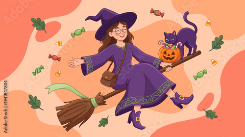 Whimsical Halloween Illustration of a Cute Young Witch Flying on a Broomstick with a Black Cat and a Pumpkin Lantern