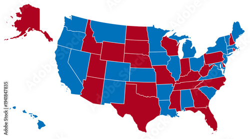 United States Political Map with Red and Blue States Representing Election Results and National Voting Division
