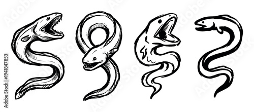 Four black and white eel illustrations in a hand-drawn sketch style showing aggressive moray creatures with open mouths and sharp teeth in various dynamic poses