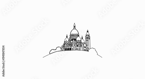 Stylized line drawing of a domed basilica on a hill with trees