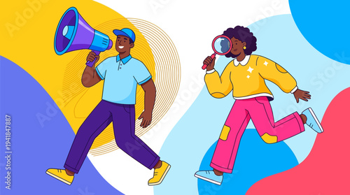 Modern Flat Illustration of a Man Holding a Megaphone and a Woman with a Magnifying Glass, Representing Marketing Communication, Promotion, and Audience Research