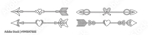 Four decorative horizontal arrows with heart and loop elements for dividers