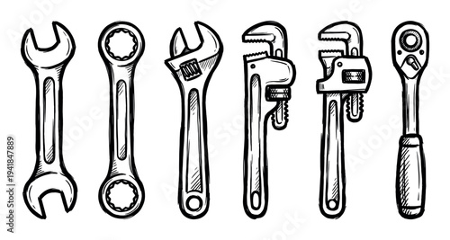 Collection of hand-drawn wrench tools including spanner, adjustable, pipe, and socket wrenches in a black and white sketch illustration style for mechanical or repair concepts