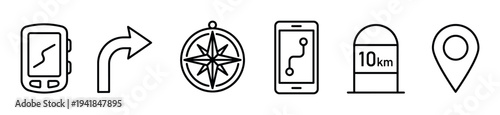 Set of black line art icons for navigation and travel, featuring a GPS device, turn arrow, compass, smartphone map, milestone, and location pin symbol for digital interfaces