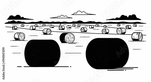 Stylized line drawing of a field with rows of hay bales under a cloudy sky