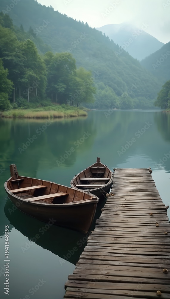 Fototapeta premium Wooden boats wait at a rustic pier on calm lake water surrounded by rich green forest hills. Serene landscape offers quiet escape, outdoor adventure, or fishing trip inspiration.