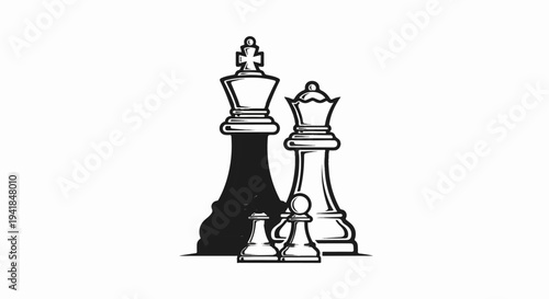 Stylized chess pieces, king, queen, and pawns in a striking black and white graphic