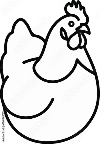 Stylized line drawing of a plump chicken facing right
