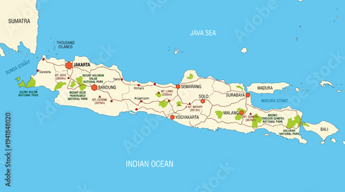Detailed Map of Java Island Indonesia Showing Major Cities Volcanoes and National Parks for Travel and Education