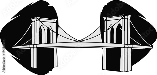Stylized line drawing of a suspension bridge against a dark, abstract background