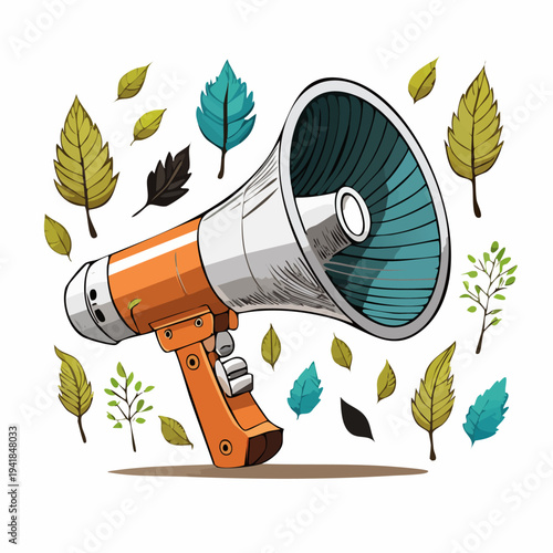 Megaphone surrounded by falling leaves illustration.