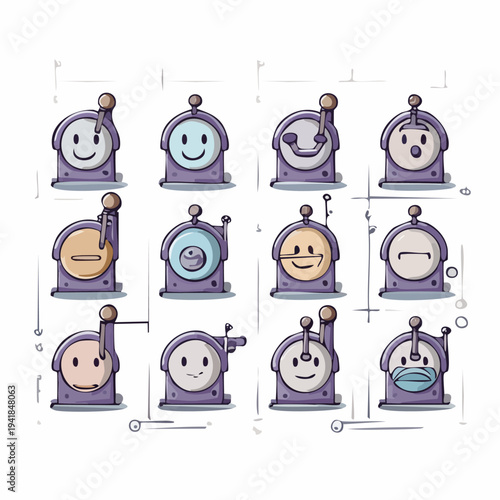 Cartoon Alarm Clocks with Different Facial Expressions.