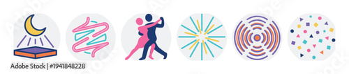 Set of six circular nightlife icons including a dancing couple, neon sign, fireworks, confetti, and sound waves in a modern flat vector style