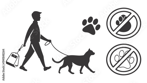 A vector graphic illustration of a man walking his dog with poop bag and no pet signs