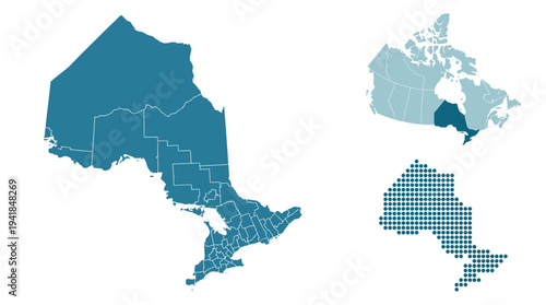 Detailed Vector Map of Ontario Canada with Regional Borders, Dotted Version and Location Inset