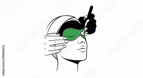 Stylized face with green eye mask, hands adjusting it