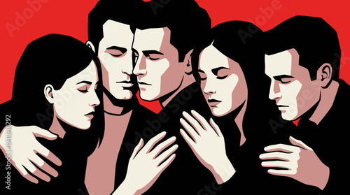 Pop Art Style Illustration of a Group of Young People Offering Support and Comfort in Times of Grief and Solidarity on a Bold Red Background