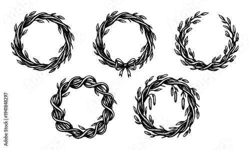Five hand-drawn black ink wreath frames with leaves, branches, and a bow in a rustic linocut style, forming a decorative collection of circular botanical illustrations