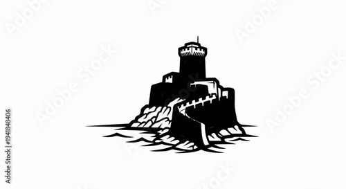 Stylized black and white illustration of a fortress on a rocky outcrop by the sea